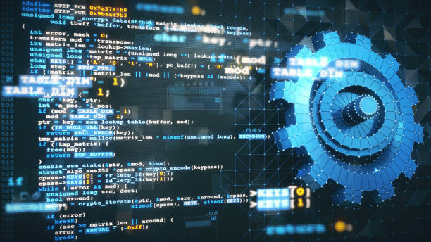 virtual reality computer design and development concept with c/c++ programming language code, computer data and a blue 3d mesh gear model blueprint. - 系統軟件 個照片及圖片檔
