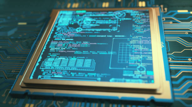 close up on a micro-processor chip and circuit design with a digital display showing programming language code and infographics. - 系統軟件開發 個照片及圖片檔